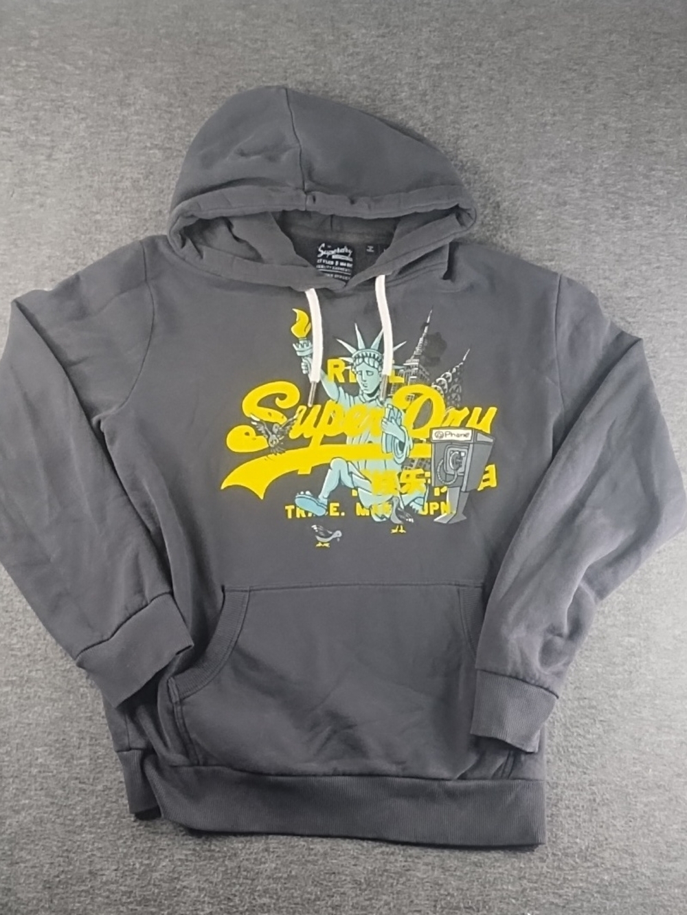 Superdry Men's Charcoal Hoodie with Yellow & Light Blue Graphic